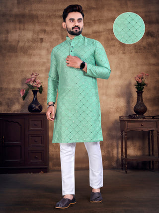 Teal Blue Mirror Work Patterned Kurta Pajama Sets