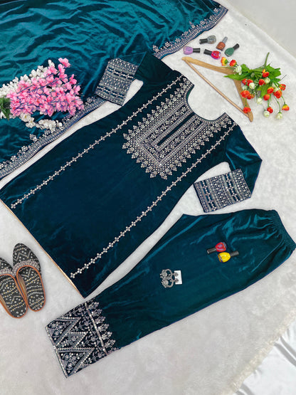 Rama color viscose velvet salwar suit with dupatta online