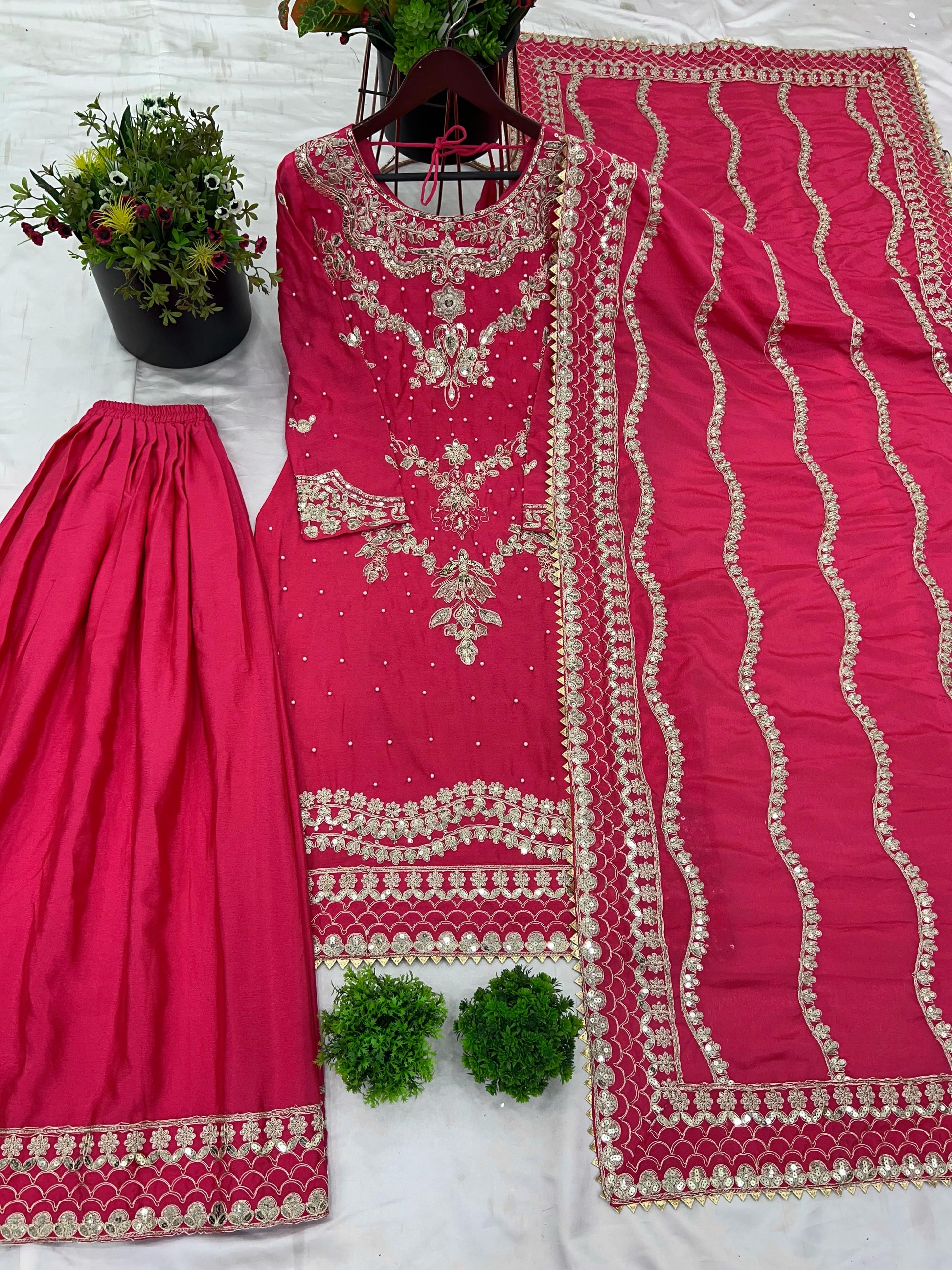 Pink color chinon silk sharara suit for women
