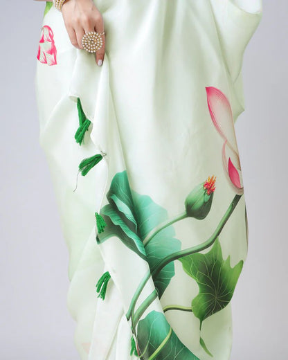 Pista color japan satin saree with blouse images