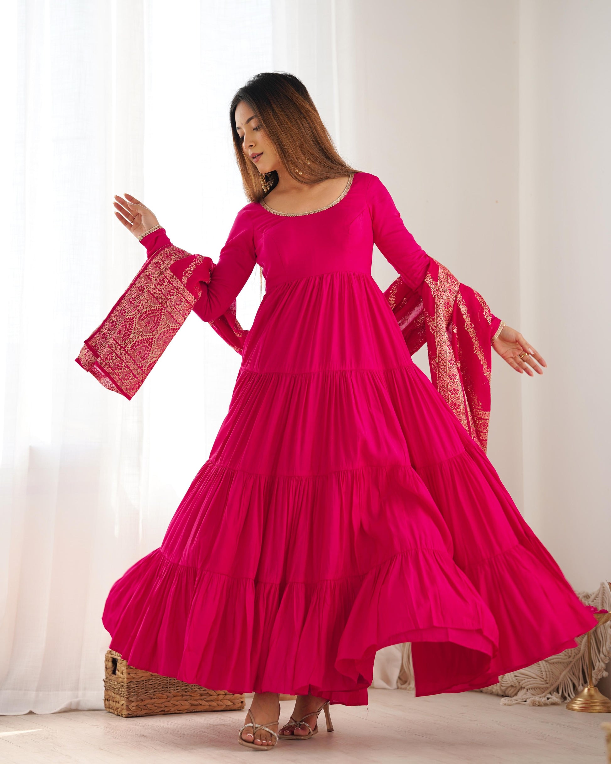 Pink color roman silk chanderi long gown for wedding