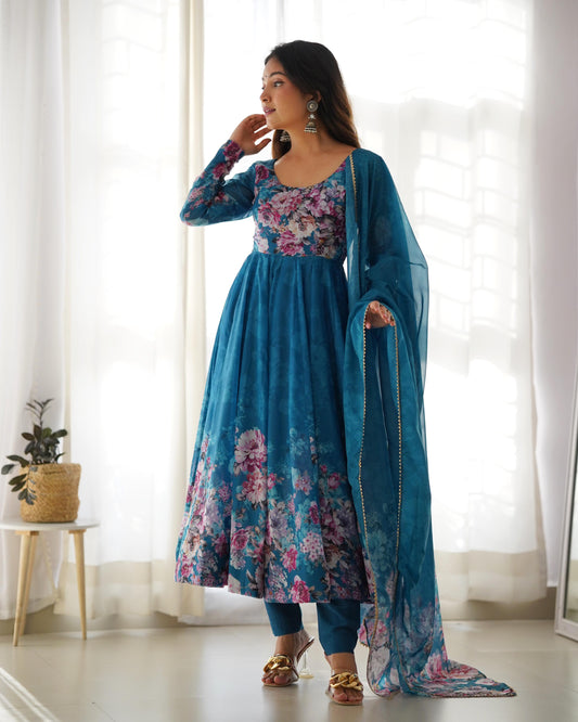 Teal color organza silk salwar suit for party