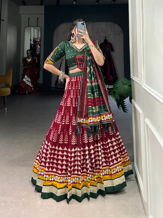 Maroon silk printed gamthi work chaniya choli online
