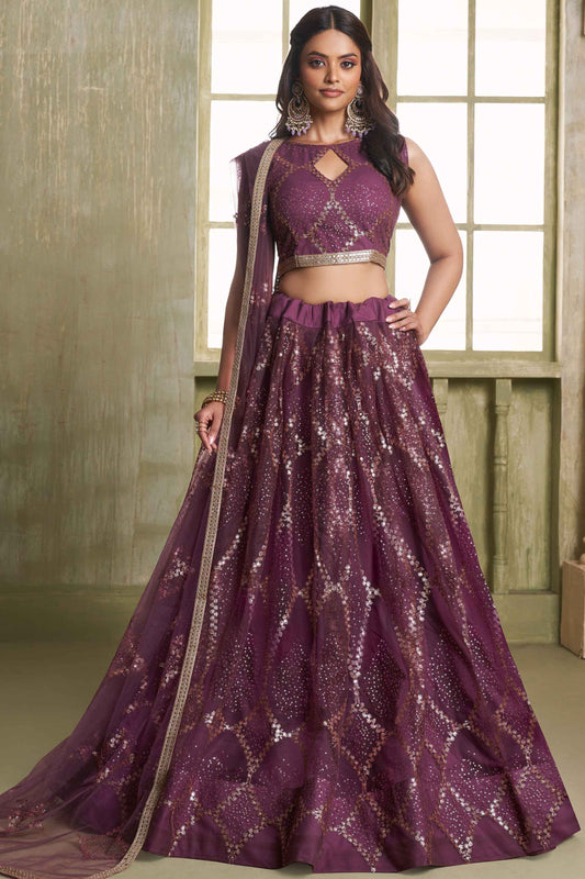 Wine color butterfly net lehenga choli for women