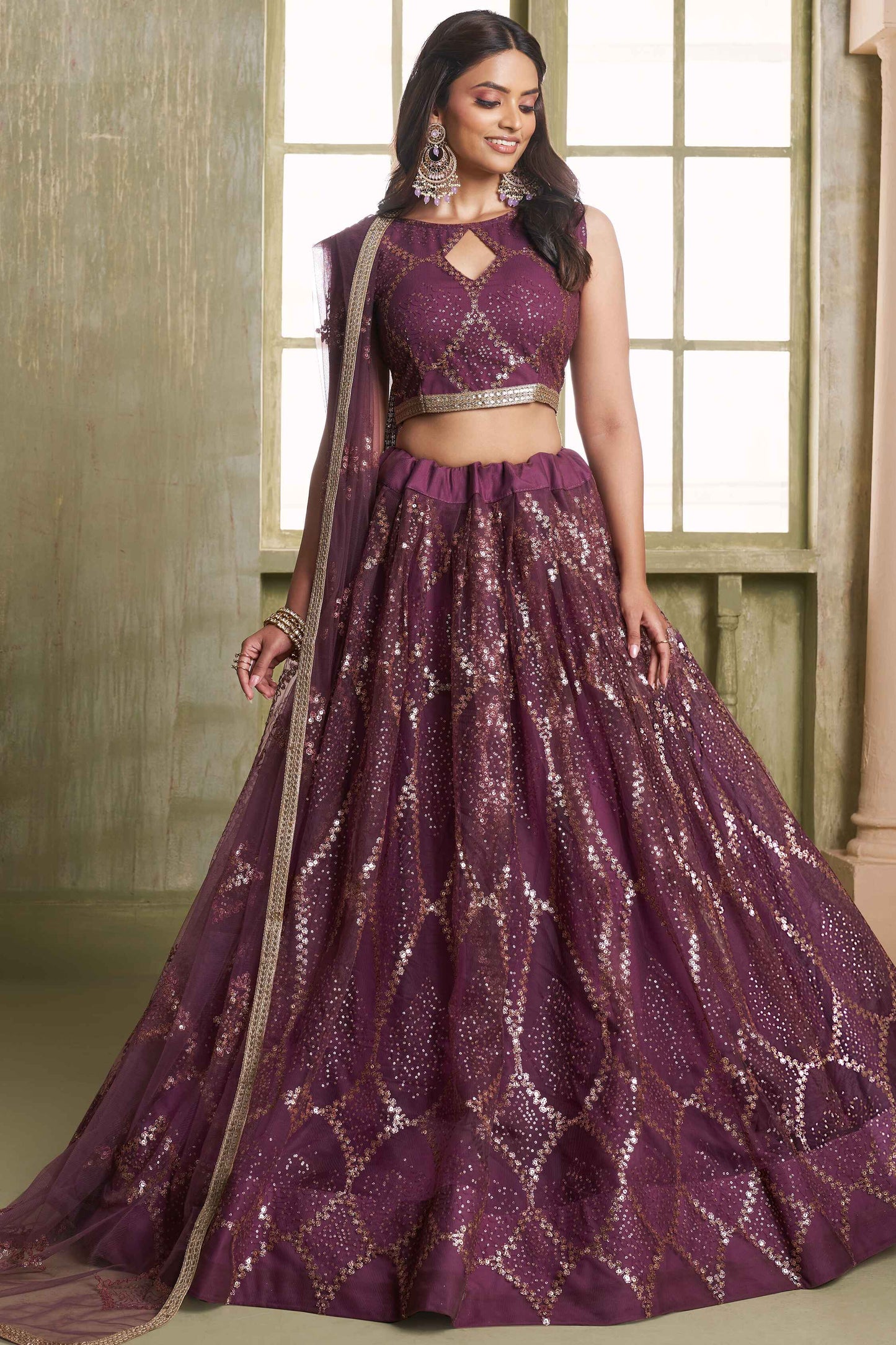 Wine color butterfly net lehenga choli for wedding