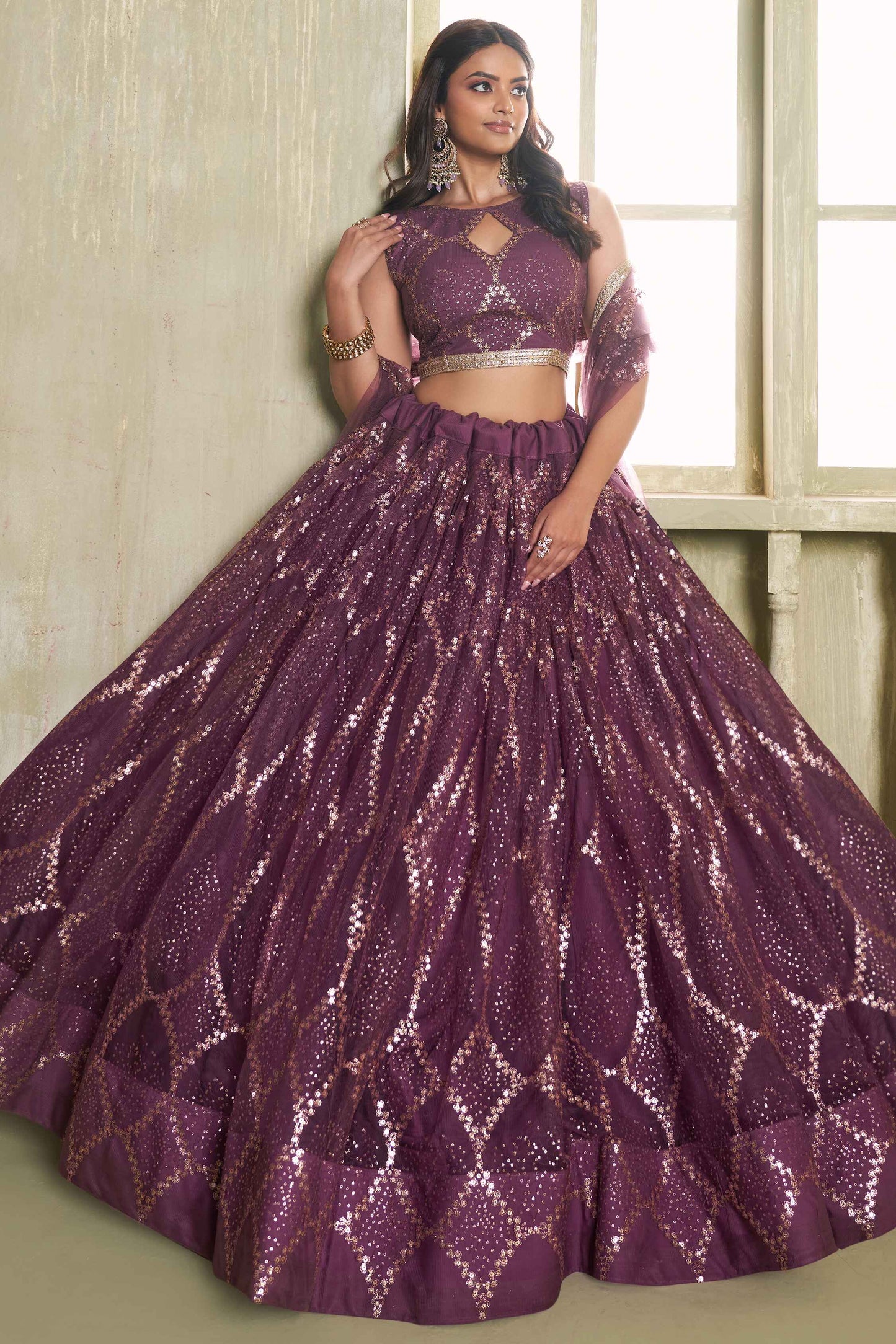 Wine color butterfly net lehenga choli for women