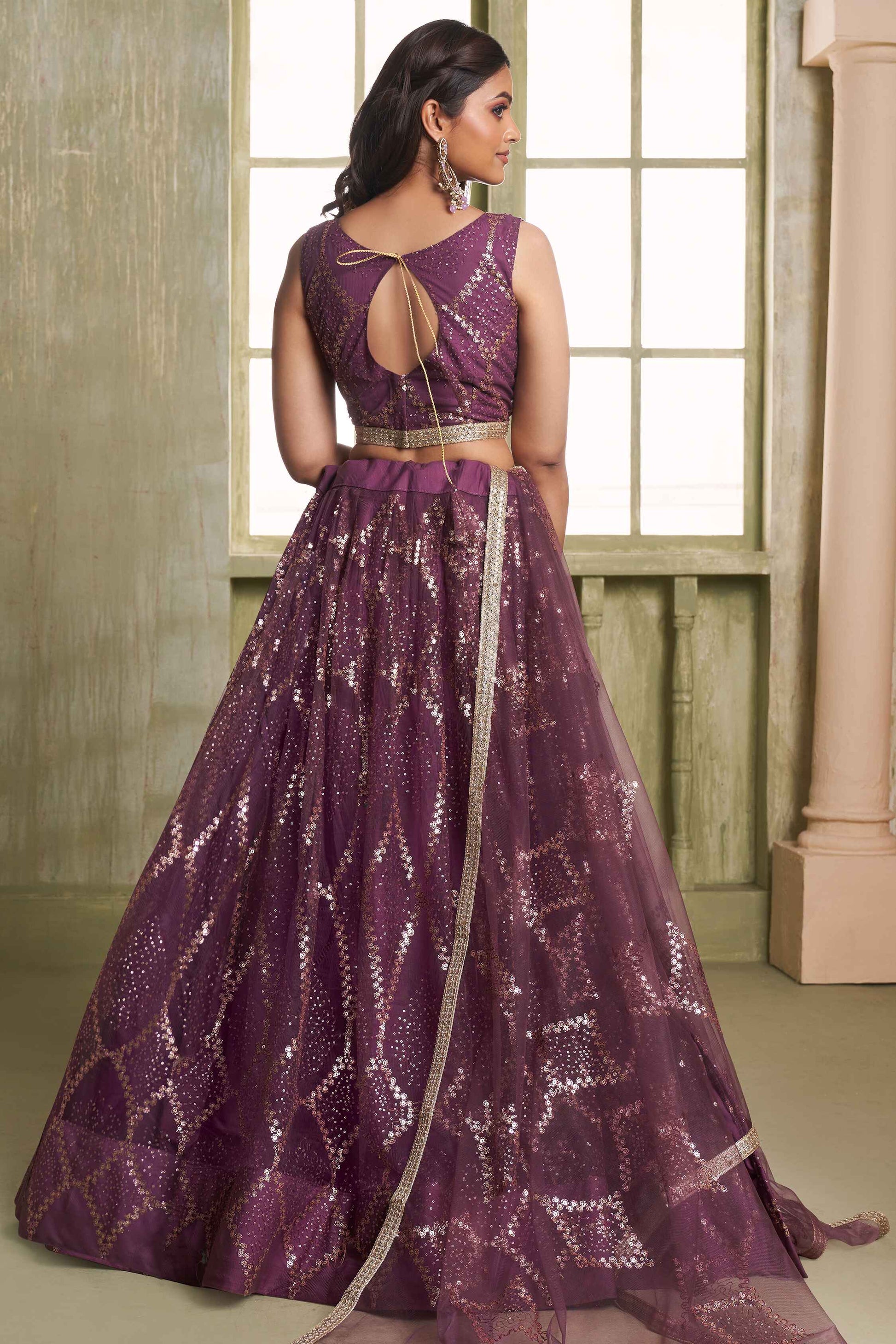 Wine color butterfly net lehenga choli images
