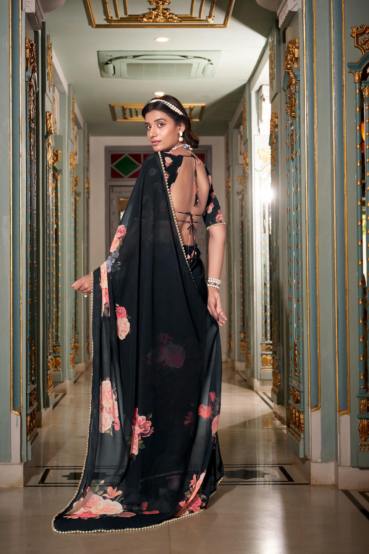 Black georgette printed saree for women