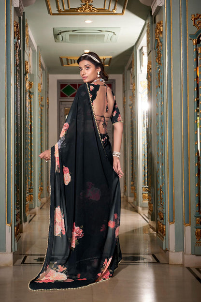 Black georgette printed saree for women