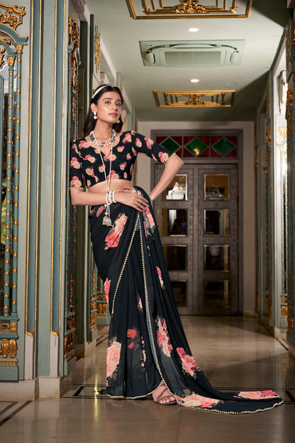 Black printed georgette saree with blouse 