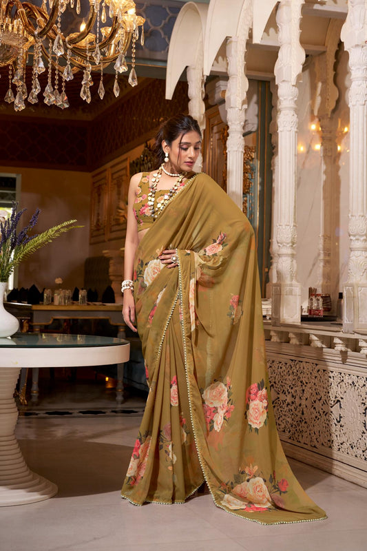Brown printed georgette saree for party