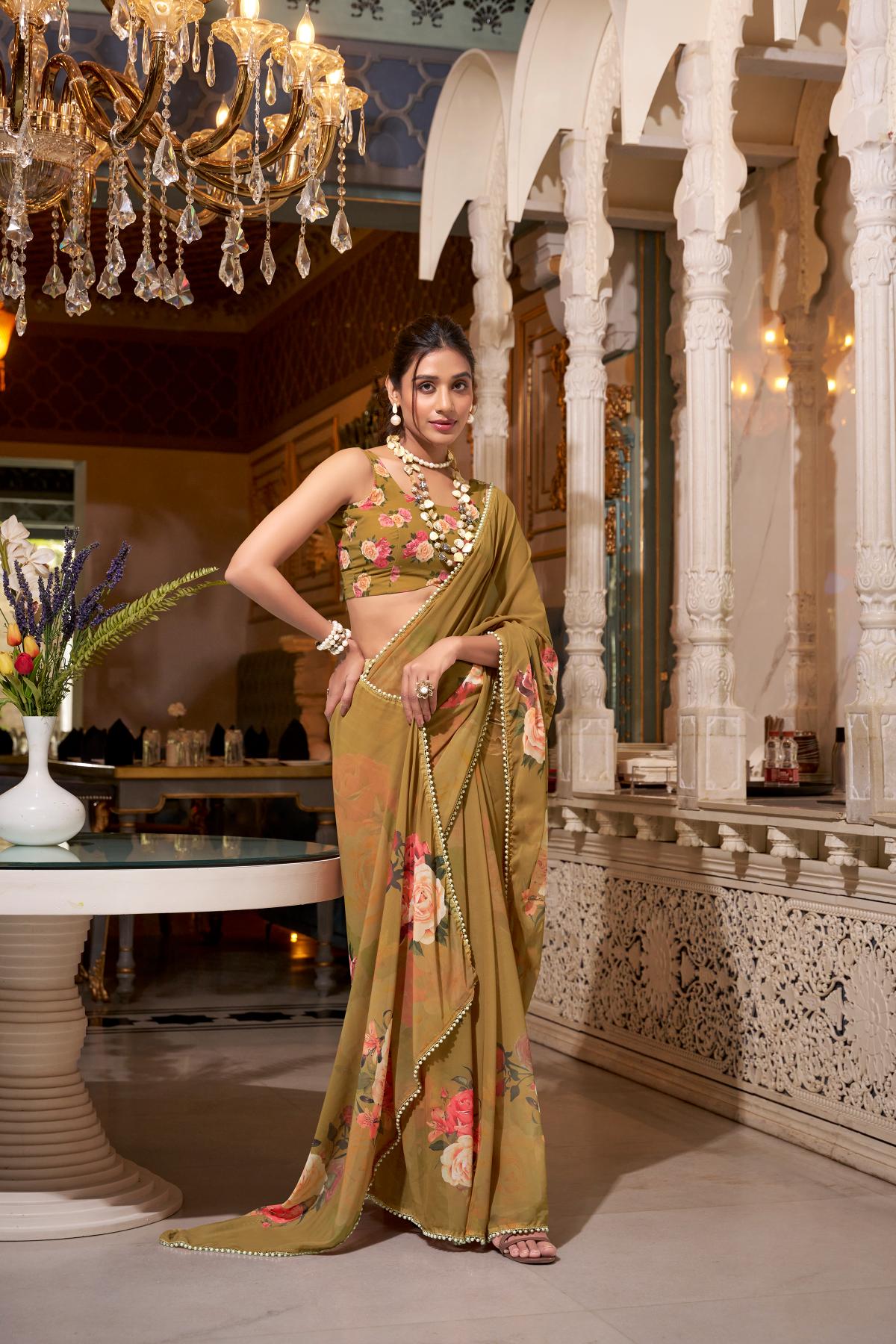 Brown georgette floral design saree with price