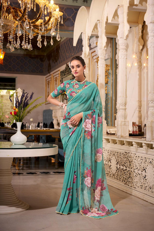 Green color georgette saree for women