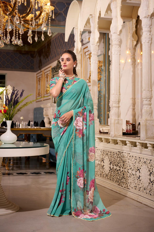 Green georgette printed saree with online 