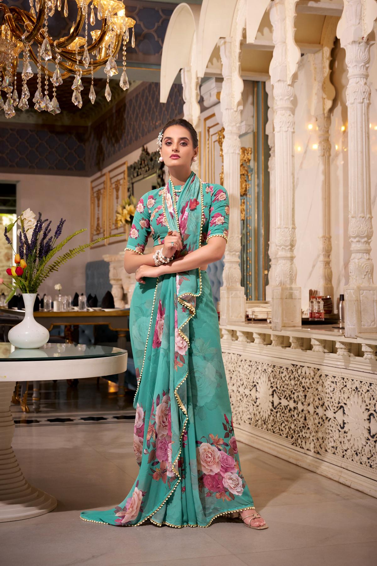Floral printed green saree with blouse in USA