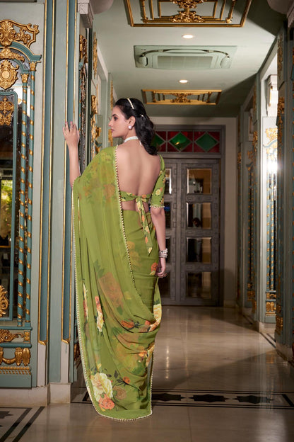 Mehendi color georgette saree with online shopping