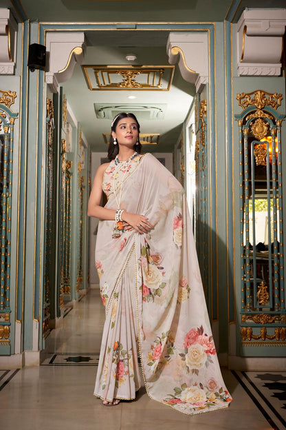 Off white georgette saree for women
