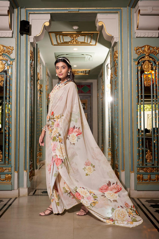 Off white printed saree for wedding 