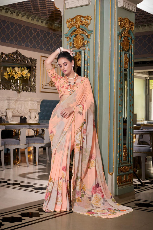 Peach color printed saree with online 