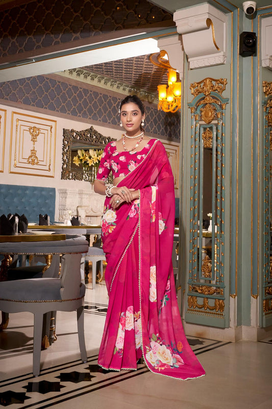 Pink color georgette saree with blouse 