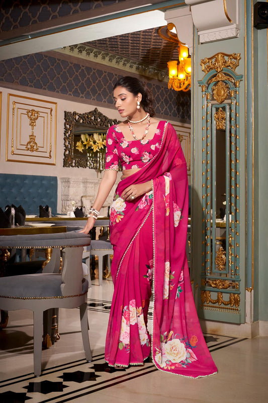 Wedding wear pink georgette saree with blouse in USA