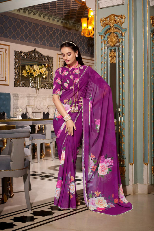 Purple color printed saree with blouse