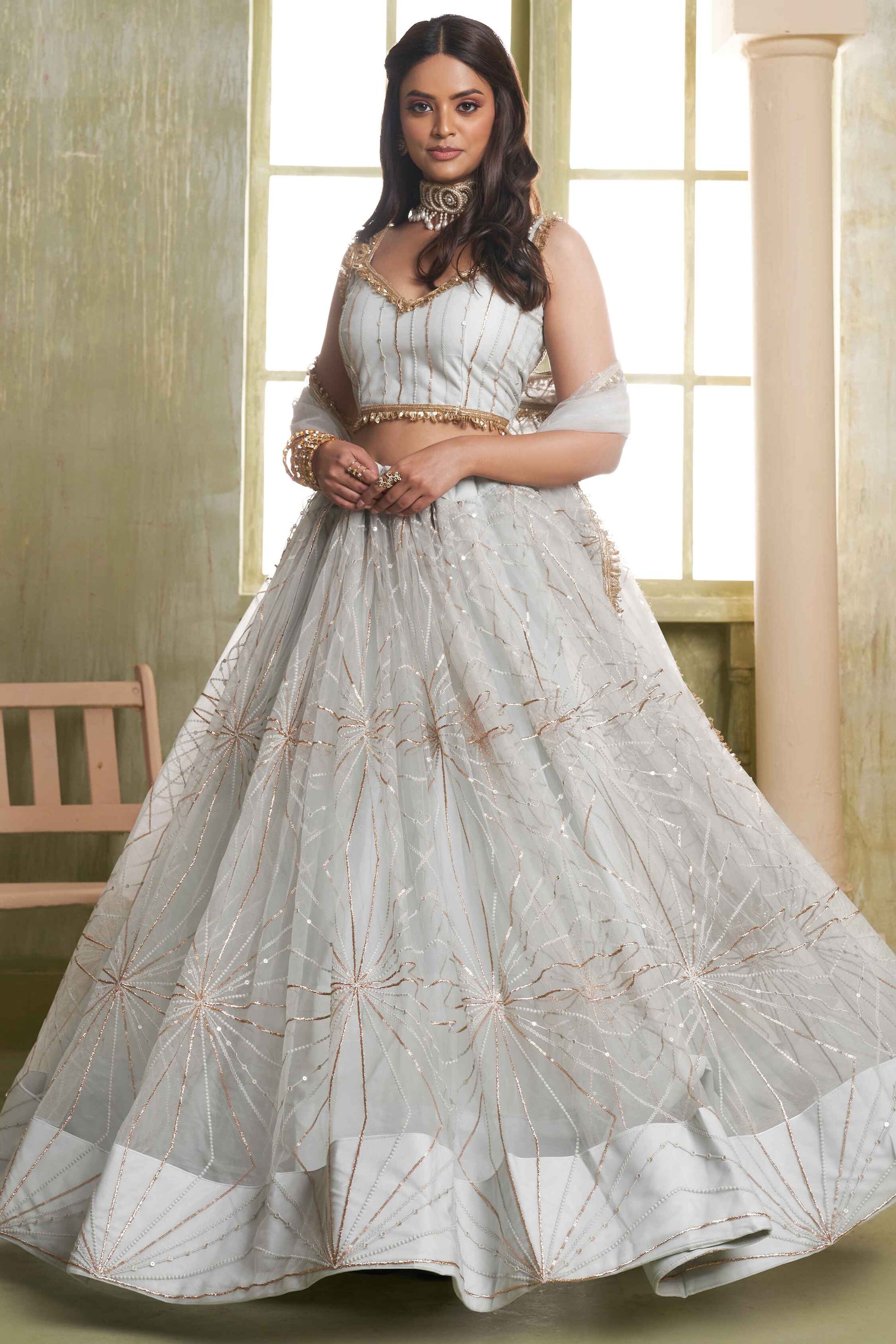 Lehenga Choli Grey Color Wedding Dresses Adorable Light Grey Butterfly Net Lehenga Choli For Engagement Lehenga Choli Grey Color Wedding Dresses Adorable Light Grey Butterfly Net Lehenga Choli For Engagement