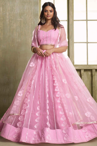 Pink color butterfly net lehenga choli images