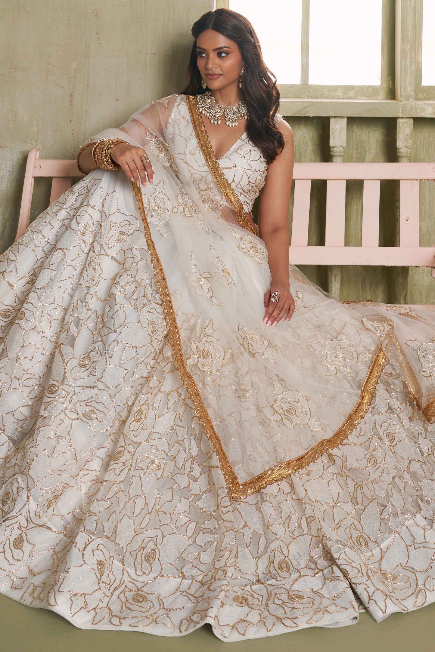 Off white color butterfly net lehenga choli online