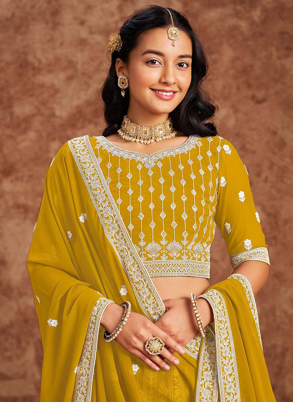 Yellow georgette lehenga choli online shopping