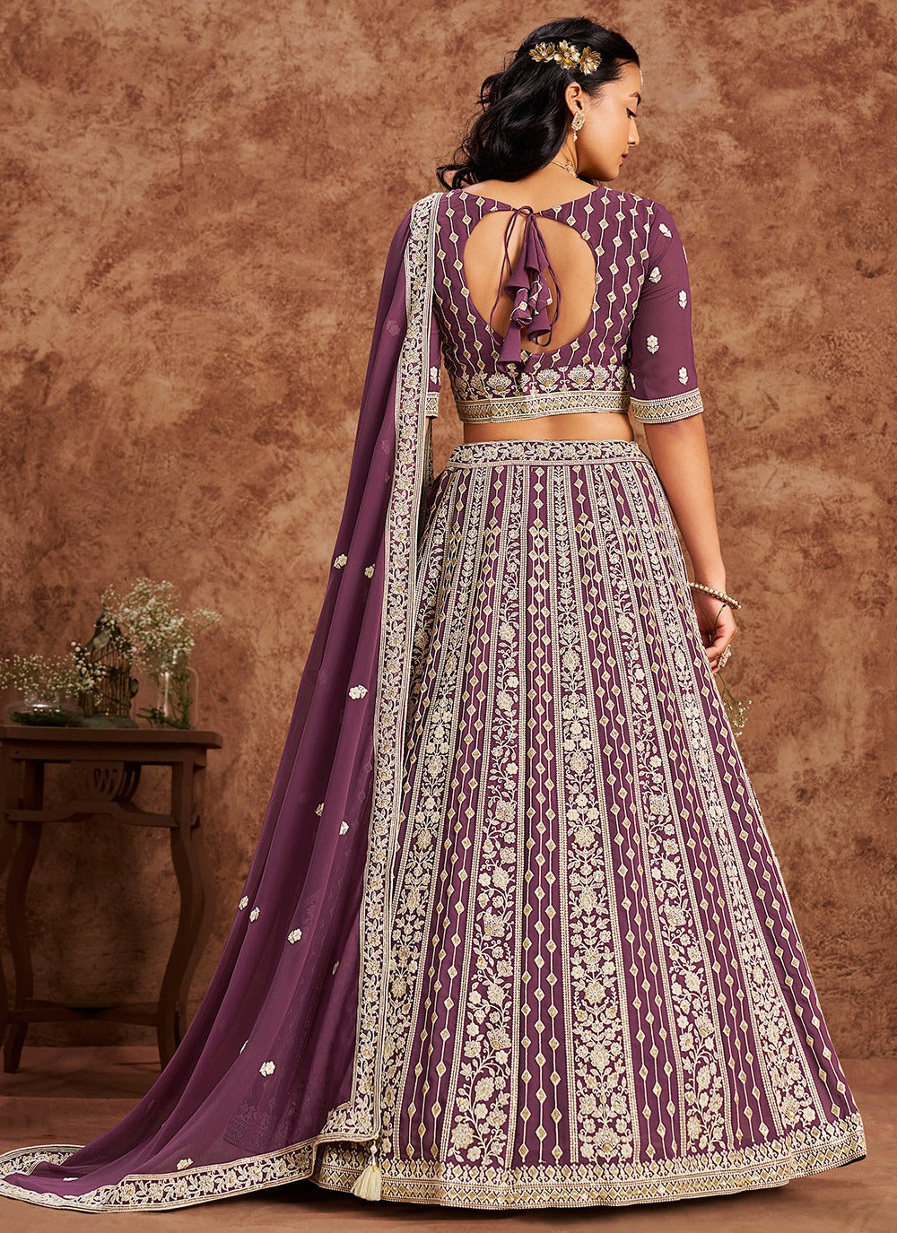 Onion color georgette lehenga choli for wedding