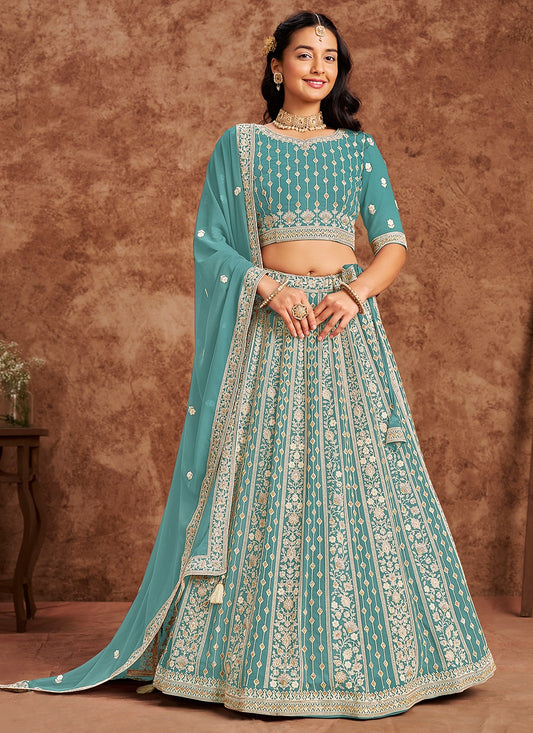 Rama color georgette lehenga choli for wedding
