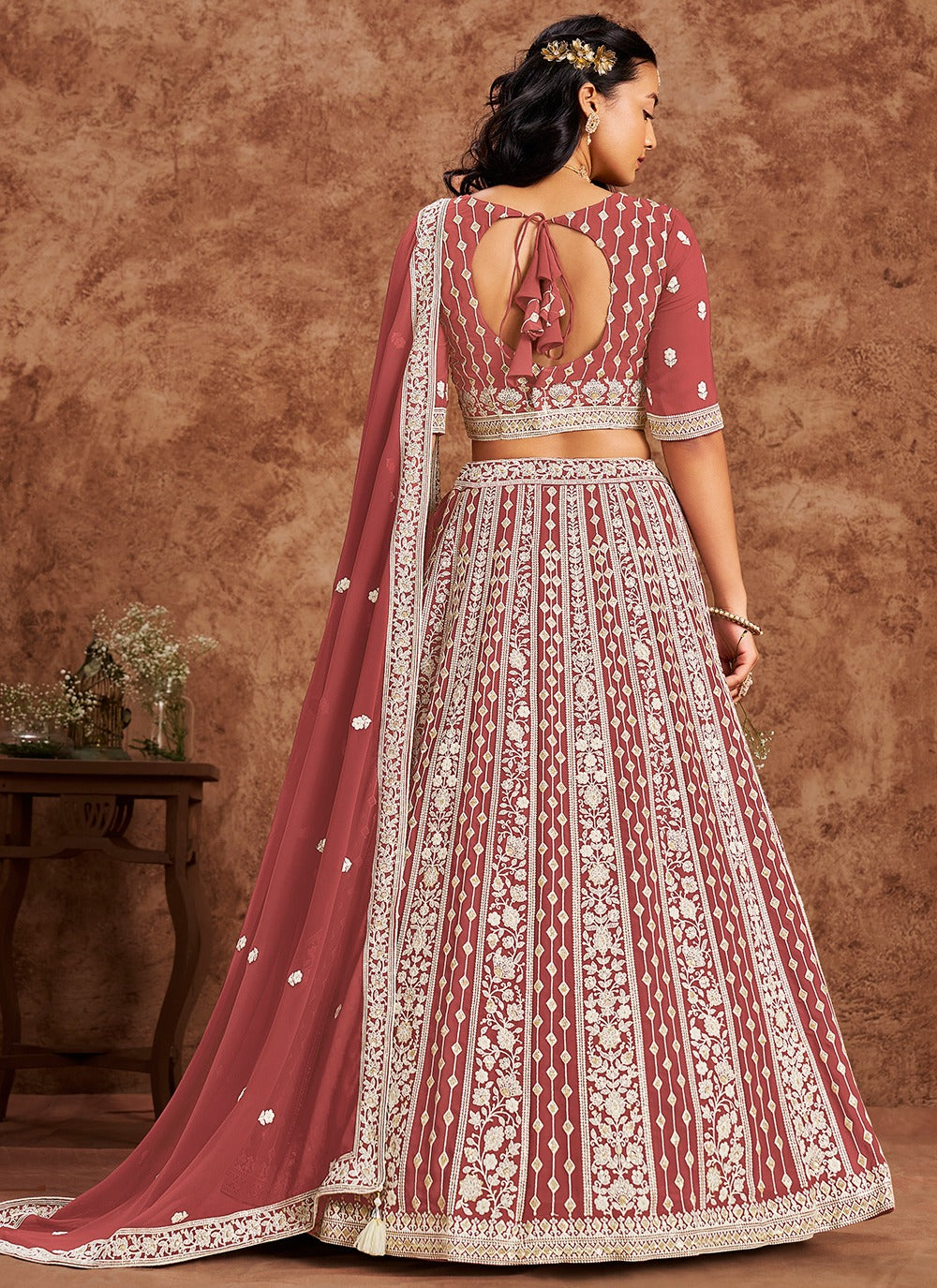 Rust color georgette lehenga choli for wedding
