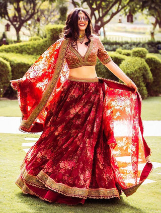 Khadi organza floral digital print maroon lehenga choli