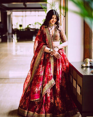 Printed Maroon Lehenga For Party Wear