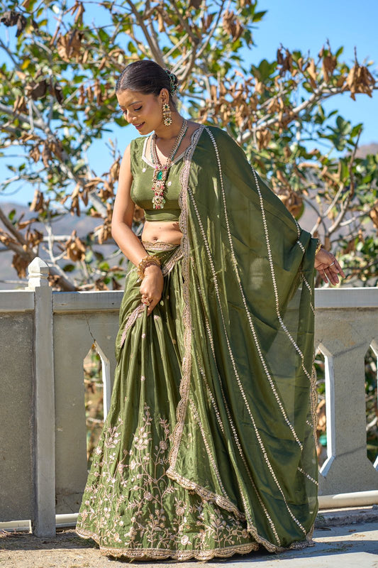 Mehendi color chinon lehenga choli 