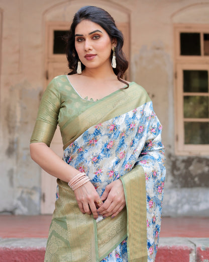 Green color banarasi silk saree with blouse online