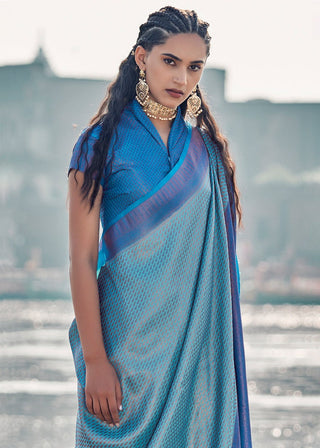 Sky color weaving saree with blouse price