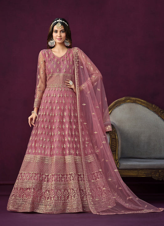 Peach color soft net long gown