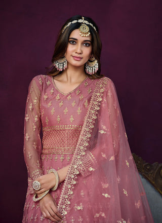 Peach color soft net long salwar suit for wedding online