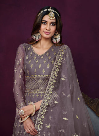 Mauve color soft net anarkali salwar suit with dupatta online 