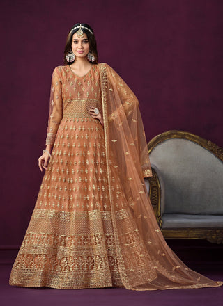 Orange color soft net long salwar suit images