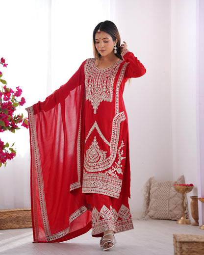 Red color vichitra silk sharara suit with dupatta online