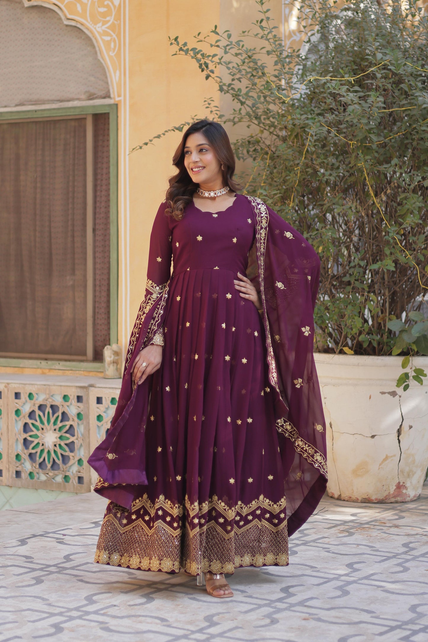 Wine color faux blooming long gown price