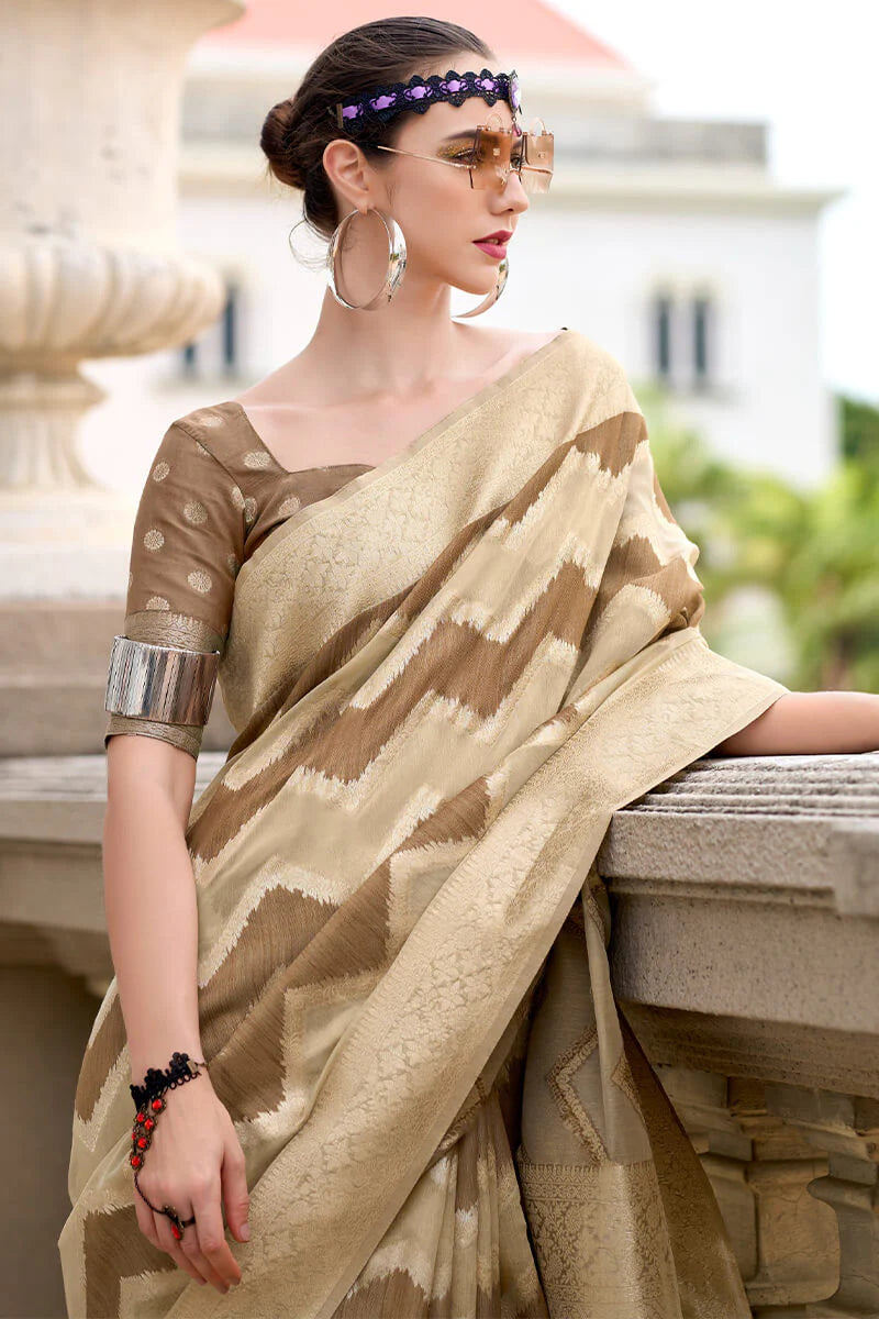 Brown color cotton linen silk weaving saree for women
