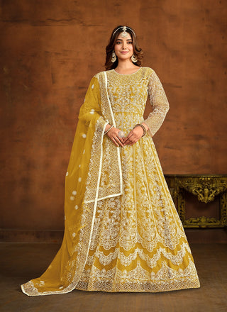 Yellow color net long salwar suit for women with dupatta
