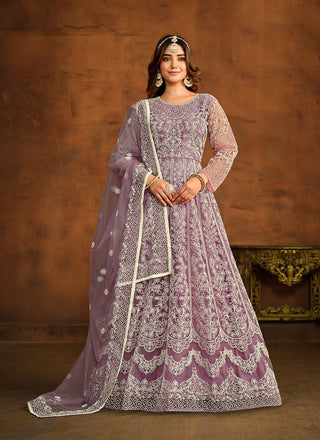 Lavender color net long salwar suit for women with dupatta
