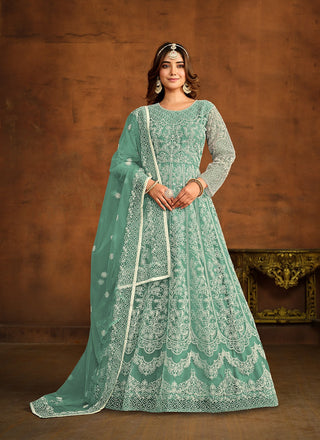 Trendy Green Color Soft Net Traditional Salwar Suit For Sangeet Event