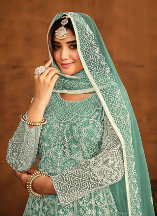 Trendy Green Color Soft Net Traditional Salwar Suit For Sangeet Event