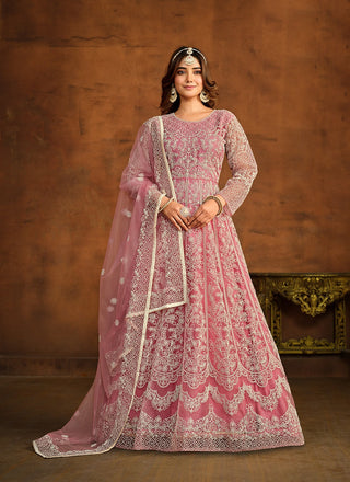 Pink color net long salwar suit for women with dupatta
